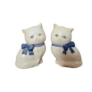 Vintage Ceramic Kitty Cat salt and pepper shakers White With Blue Ribbons